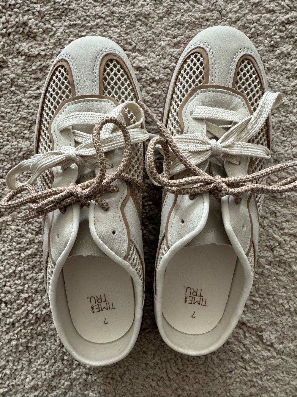 Time and Tru Cream and Tan Breathable Lace-Up Sneaker Mules